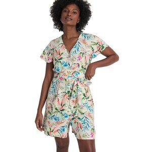Lands' End NWOT Flutter Sleeve Linen Romper Antique Alabaster FloralPalm Size 12